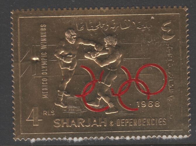 Sharjah 1968 Mexico Olympics 4R Boxing embossed in gold foil, perf unmounted mint, Mi 526A, stamps on olympics, stamps on boxing