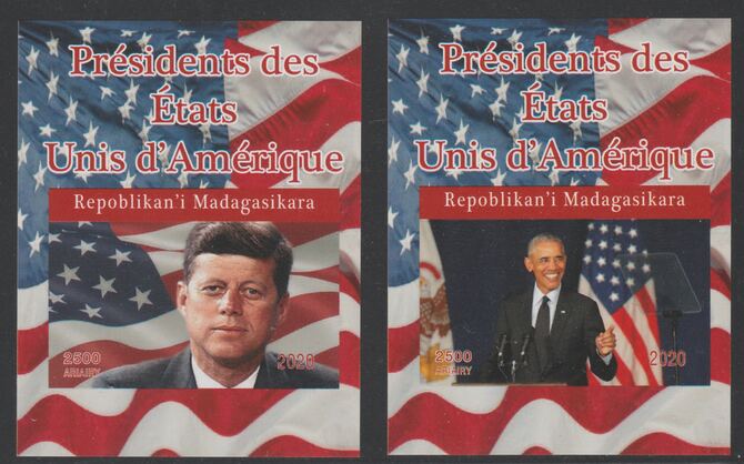 Madagascar 2020 Presidents of the United States - John Kennedy & Barack Obama set of 2 imperfm/sheets. Note this item is privately produced and is offered purely on its thematic appeal, it has no postal validity, stamps on , stamps on  stamps on kennedy, stamps on  stamps on obama, stamps on  stamps on us presidents, stamps on  stamps on americana