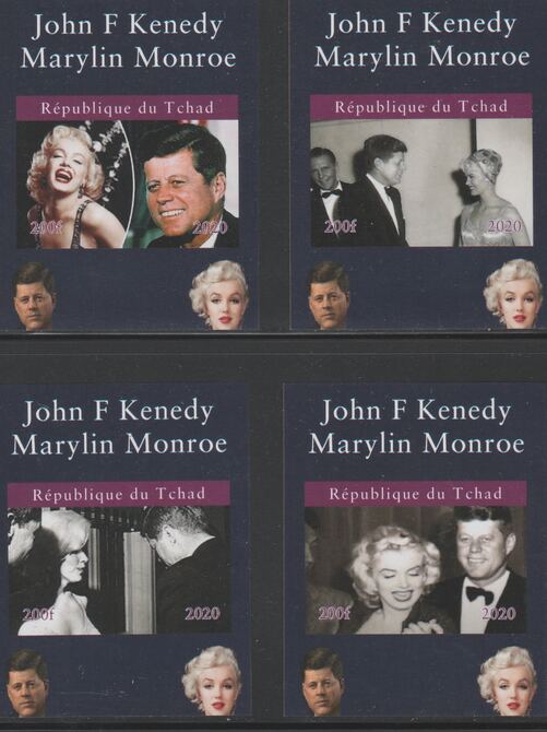 Chad 2020 John Kennedy & Marilyn Monroe set of 4 imperfm/sheets. Note this item is privately produced and is offered purely on its thematic appeal, it has no postal validity, stamps on , stamps on  stamps on kennedy, stamps on  stamps on marilyn, stamps on  stamps on us presidents, stamps on  stamps on americana