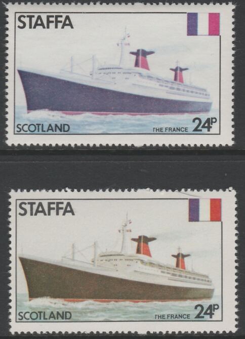 Staffa 1979 Liners & Flags - The France 24p perf single showing a superb shade apparently due to a dry print of the yellow complete with normal both unmounted mint, stamps on , stamps on  stamps on ships, stamps on france, stamps on flags, stamps on  stamps on scots, stamps on  stamps on 