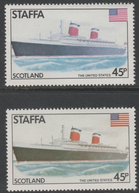 Staffa 1979 Liners & Flags - The United States 45p perf single showing a superb shade apparently due to a dry print of the yellow complete with normal both unmounted mint, stamps on , stamps on  stamps on ships, stamps on americana, stamps on flags, stamps on  stamps on scots, stamps on  stamps on 