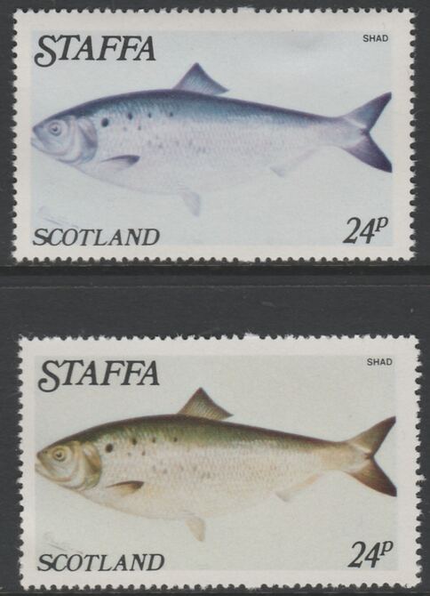 Staffa 1979 Fish - Shad 24p perf single showing a superb shade apparently due to a dry print of the yellow complete with normal both unmounted mint, stamps on fish, stamps on marine life