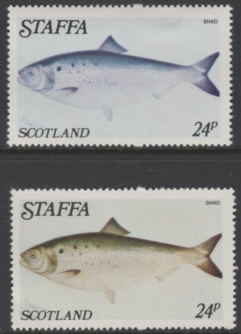 Staffa 1979 Fish - Shad 24p perf single showing a superb shade apparently due to a dry print of the yellow complete with normal both unmounted mint, stamps on , stamps on  stamps on fish, stamps on  stamps on marine life