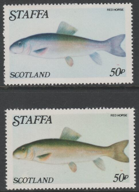 Staffa 1979 Fish - Red Horse 50p perf single showing a superb shade apparently due to a dry print of the yellow complete with normal both unmounted mint, stamps on fish, stamps on marine life