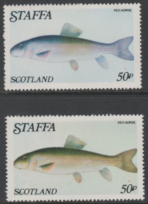 Staffa 1979 Fish - Red Horse 50p perf single showing a superb shade apparently due to a dry print of the yellow complete with normal both unmounted mint, stamps on , stamps on  stamps on fish, stamps on  stamps on marine life