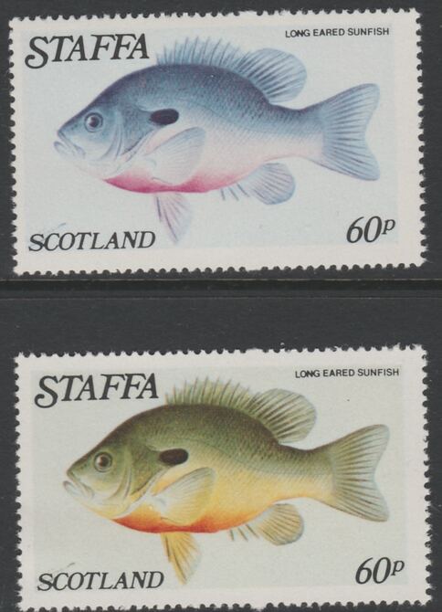 Staffa 1979 Fish - Long Eared Sunfish 60p perf single showing a superb shade apparently due to a dry print of the yellow complete with normal both unmounted mint, stamps on , stamps on  stamps on fish, stamps on  stamps on marine life