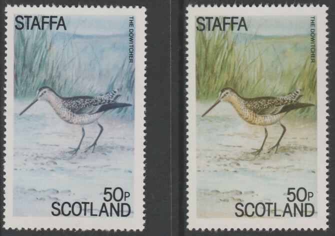 Staffa 1979 Water Birds - The Dowtcher 50p perf single showing a superb shade apparently due to a dry print of the yellow complete with normal both unmounted mint, stamps on , stamps on  stamps on birds   heron