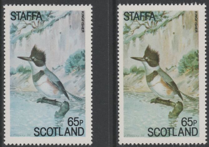 Staffa 1979 Water Birds - The Kingfisher 65p perf single showing a superb shade apparently due to a dry print of the yellow complete with normal both unmounted mint, stamps on birds   kingfisher