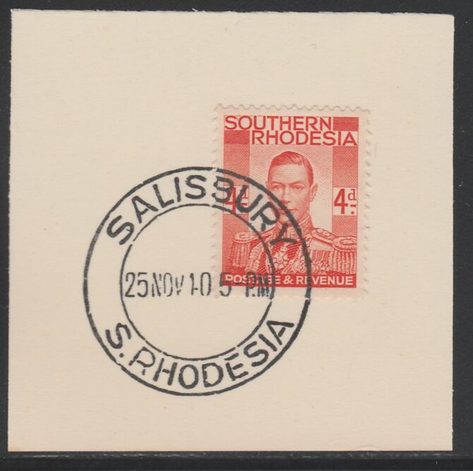 Southern Rhodesia 1937 KG6 def 4d red-orange on piece with full strike of Madame Joseph forged postmark type 332, SG43, stamps on , stamps on  stamps on , stamps on  stamps on  kg6 , stamps on  stamps on 