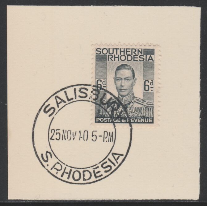 Southern Rhodesia 1937 KG6 def 6d grey-black on piece with full strike of Madame Joseph forged postmark type 332, SG44, stamps on , stamps on  stamps on , stamps on  stamps on  kg6 , stamps on  stamps on 