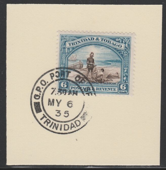 Trinidad & Tobago 1935-37 KG5  Pictorial 6c (SG233) on piece with full strike of Madame Joseph forged postmark type 421, stamps on , stamps on  kg5 , stamps on 