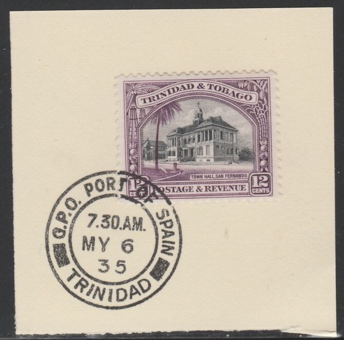 Trinidad & Tobago 1935-37 KG5  Pictorial 12c (SG235) on piece with full strike of Madame Joseph forged postmark type 421, stamps on , stamps on  stamps on , stamps on  stamps on  kg5 , stamps on  stamps on 