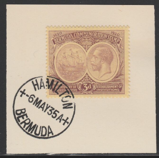 Bermuda 1920-21 KG5 Tercentenary (1st issue) 3d (SG 62) on piece with full strike of Madame Joseph forged cancellation type 61, stamps on , stamps on  stamps on , stamps on  stamps on  kg5 , stamps on  stamps on 