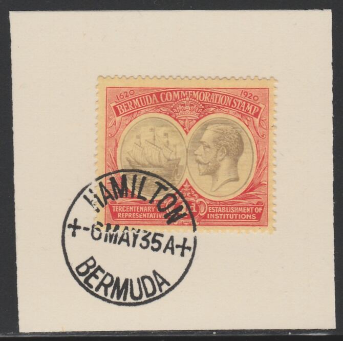 Bermuda 1920-21 KG5 Tercentenary (1st issue) 4d (SG 63) on piece with full strike of Madame Joseph forged cancellation type 61, stamps on , stamps on  stamps on , stamps on  stamps on  kg5 , stamps on  stamps on 