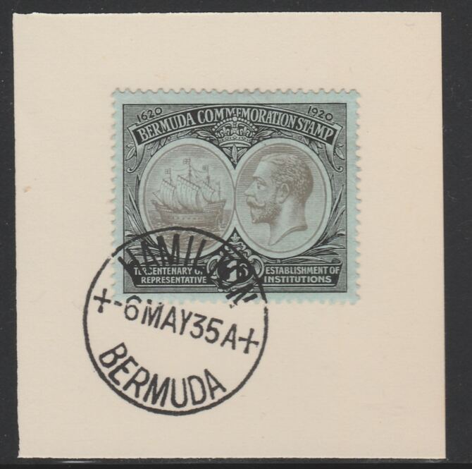 Bermuda 1920-21 KG5 Tercentenary (1st issue) 1s (SG 64) on piece with full strike of Madame Joseph forged cancellation type 61, stamps on , stamps on  kg5 , stamps on 