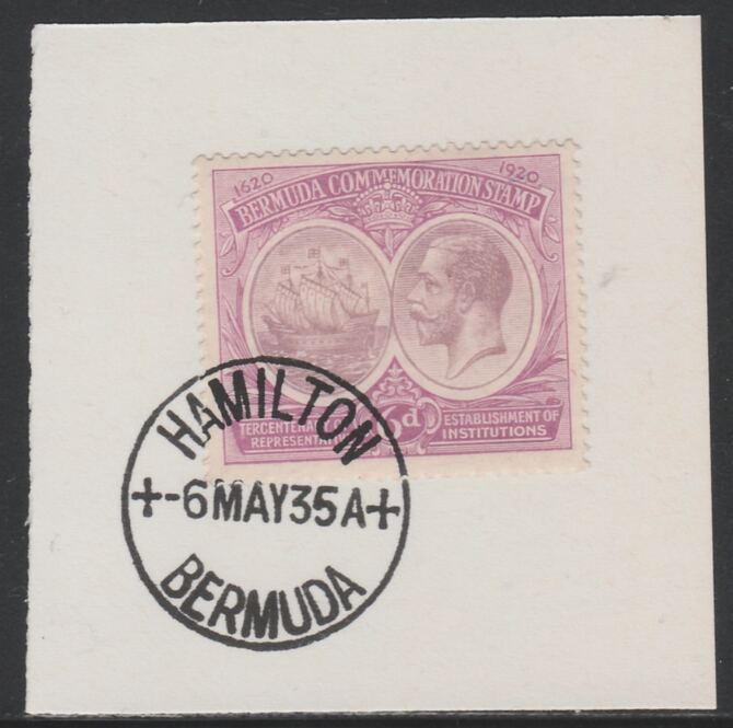 Bermuda 1920-21 KG5 Tercentenary (1st issue) 6d (SG 67) on piece with full strike of Madame Joseph forged cancellation type 61, stamps on , stamps on  kg5 , stamps on 