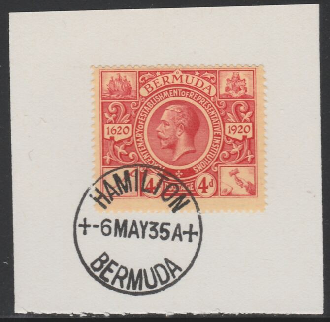 Bermuda 1921 KG5 Tercentenary (2nd issue) 4d (SG 71) on piece with full strike of Madame Joseph forged cancellation type 61, stamps on , stamps on  kg5 , stamps on 