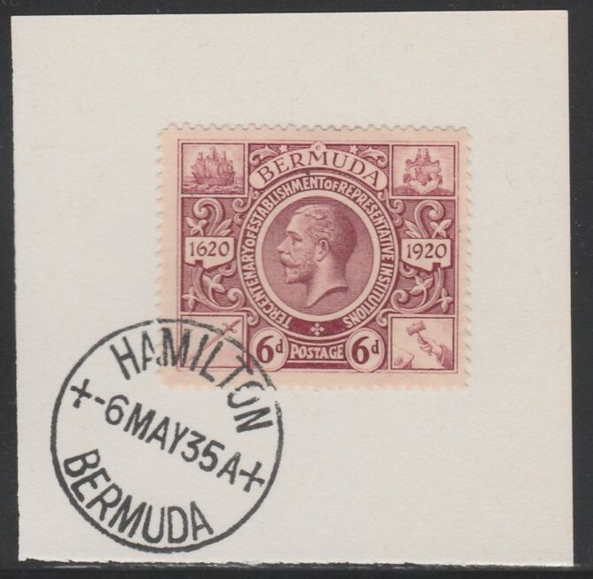 Bermuda 1921 KG5 Tercentenary (2nd issue) 6d (SG 72) on piece with full strike of Madame Joseph forged cancellation type 61, stamps on , stamps on  stamps on , stamps on  stamps on  kg5 , stamps on  stamps on 