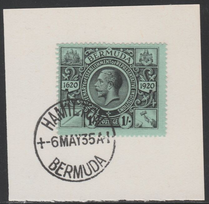 Bermuda 1921 KG5 Tercentenary (2nd issue) 1s (SG 73) on piece with full strike of Madame Joseph forged cancellation type 61, stamps on , stamps on  kg5 , stamps on 