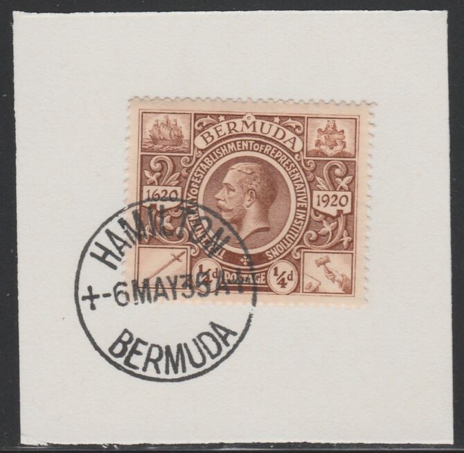 Bermuda 1921 KG5 Tercentenary (2nd issue) 1/4d (SG 74) on piece with full strike of Madame Joseph forged cancellation type 61, stamps on , stamps on  kg5 , stamps on 