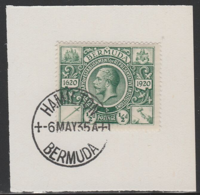 Bermuda 1921 KG5 Tercentenary (2nd issue) 1/2d (SG 75) on piece with full strike of Madame Joseph forged cancellation type 61, stamps on , stamps on  kg5 , stamps on 