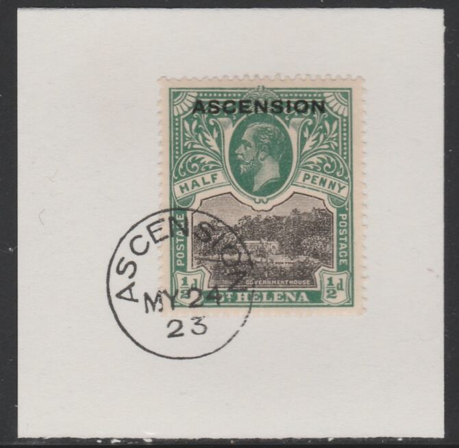 Ascension 1922 KG5 Overprint on 1/2d black & green SG 1 on piece with full strike of Madame Joseph forged postmark type 19