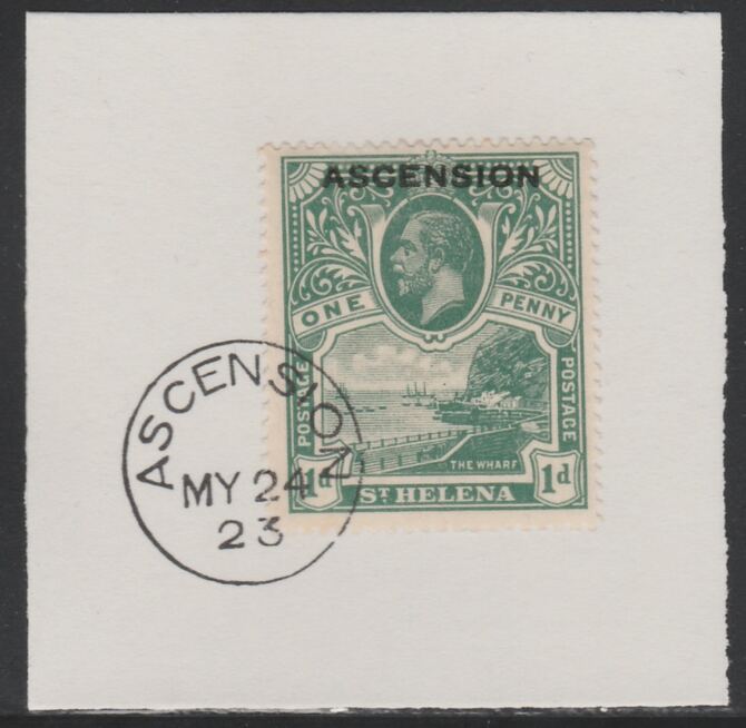 Ascension 1922 KG5 Overprint on 1d green SG 2 on piece with full strike of Madame Joseph forged postmark type 19