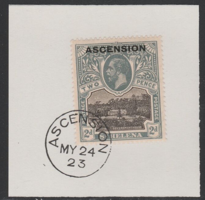 Ascension 1922 KG5 Overprint on 2d black & grey SG 4 on piece with full strike of Madame Joseph forged postmark type 19