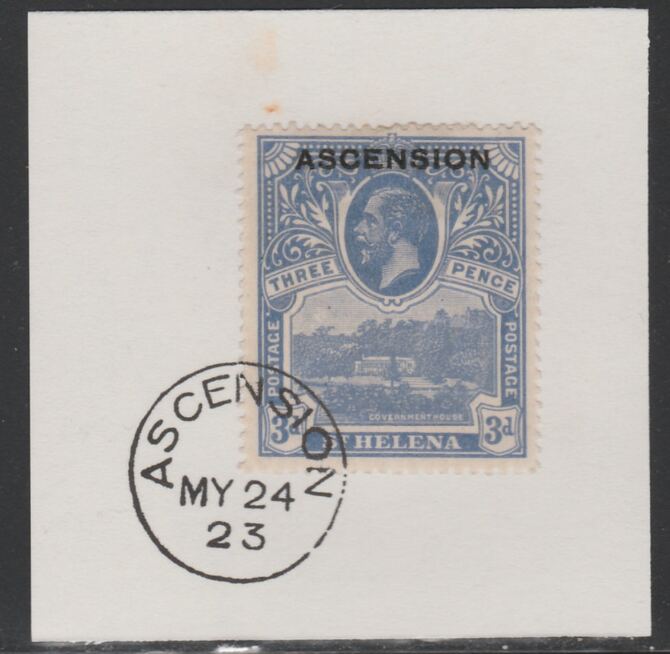 Ascension 1922 KG5 Overprint on 3d blue SG 5 on piece with full strike of Madame Joseph forged postmark type 19, stamps on , stamps on  stamps on , stamps on  stamps on  kg5 , stamps on  stamps on 