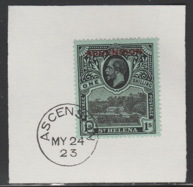 Ascension 1922 KG5 Overprint on 1s black on green SG 9 on piece with full strike of Madame Joseph forged postmark type 19, stamps on , stamps on  stamps on , stamps on  stamps on  kg5 , stamps on  stamps on 