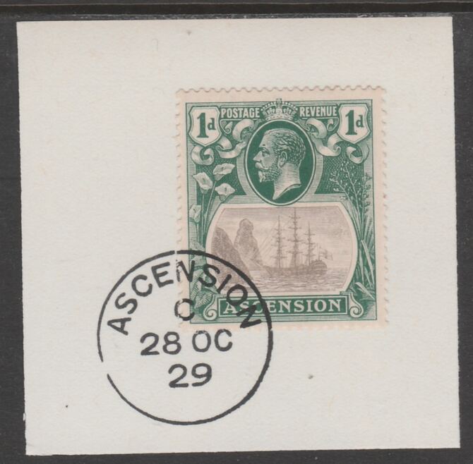 Ascension 1924-33 KG5 Badge 1d grey-black & blue-green (SG11) on piece with full strike of Madame Joseph forged postmark type 20