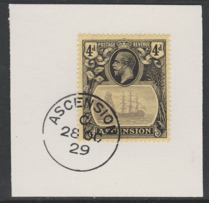 Ascension 1924-33 KG5 Badge 4d grey-black & black on yellow (SG15) on piece with full strike of Madame Joseph forged postmark type 20, stamps on , stamps on  stamps on , stamps on  stamps on  kg5 , stamps on  stamps on 