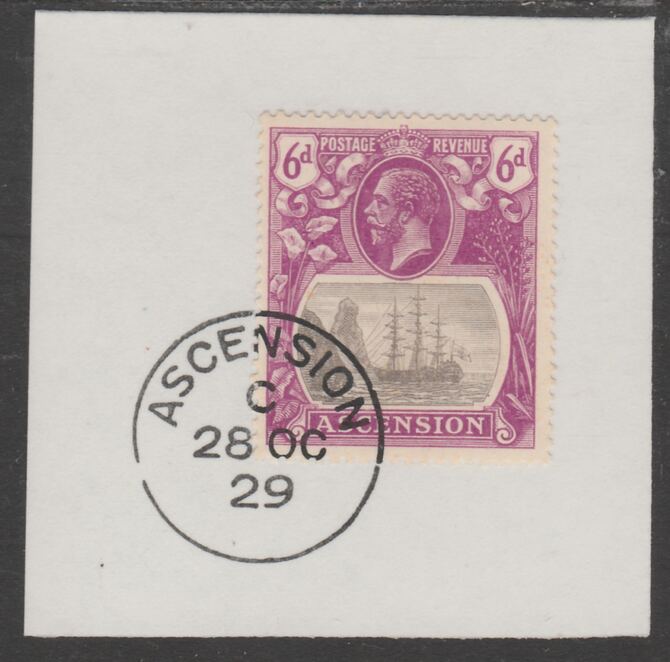 Ascension 1924-33 KG5 Badge 6d grey-black & purple (SG16) on piece with full strike of Madame Joseph forged postmark type 20