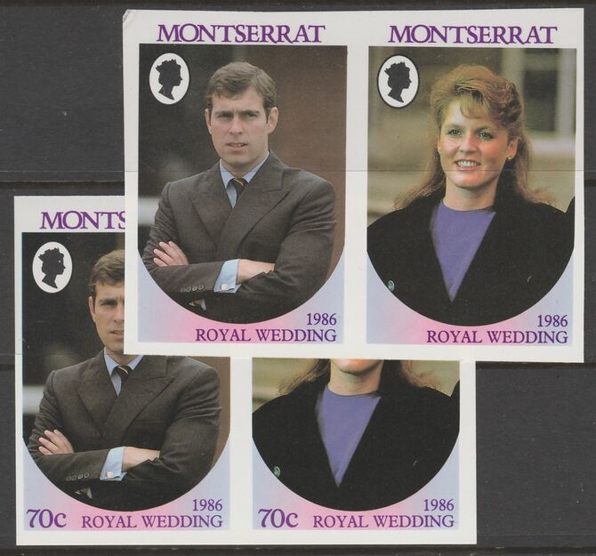 Montserrat 1986 Royal Wedding 70c imperf se-tenant pair with value omitted, plus normal  imperf pair, both unmounted mint, SG 691avar, stamps on royalty, stamps on andrew, stamps on fergie