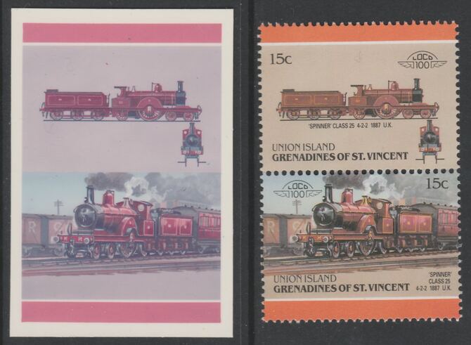 St Vincent - Union Island 1987 Locomotives #6 (Leaders of the World) 15c Spinner Class 25 se-tenant pair die proof in magenta and cyan only (missing Country name, inscription & value) on Cromalin plastic card (ex archives) complete with issued stamp, stamps on , stamps on  stamps on railways