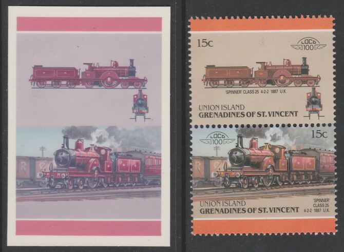 St Vincent - Union Island 1987 Locomotives #6 (Leaders of the World) 15c Spinner Class 25 se-tenant pair die proof in magenta and cyan only (missing Country name, inscription & value) on Cromalin plastic card (ex archives) complete with issued stamp, stamps on , stamps on stamps on railways