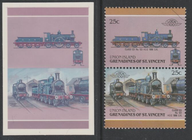 St Vincent - Union Island 1987 Locomotives #6 (Leaders of the World) 25c Class 123 se-tenant pair  die proof in magenta and cyan only (missing Country name, inscription & value) on Cromalin plastic card (ex archives) complete with issued stamp, stamps on , stamps on  stamps on railways