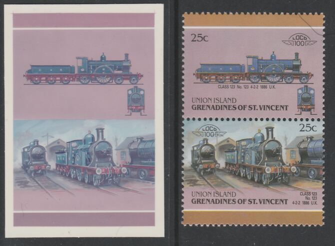 St Vincent - Union Island 1987 Locomotives #6 (Leaders of the World) 25c Class 123 se-tenant pair die proof in magenta and cyan only (missing Country name, inscription & value) on Cromalin plastic card (ex archives) complete with issued stamp, stamps on , stamps on stamps on railways
