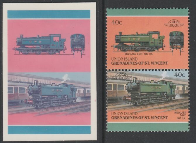St Vincent - Union Island 1987 Locomotives #6 (Leaders of the World) 40c GWR 9400 Class se-tenant pair  die proof in magenta and cyan only (missing Country name, inscription & value) on Cromalin plastic card (ex archives) complete with issued stamp, stamps on , stamps on  stamps on railways