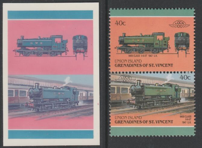 St Vincent - Union Island 1987 Locomotives #6 (Leaders of the World) 40c GWR 9400 Class se-tenant pair die proof in magenta and cyan only (missing Country name, inscription & value) on Cromalin plastic card (ex archives) complete with issued stamp, stamps on , stamps on stamps on railways
