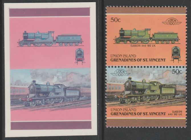 St Vincent - Union Island 1987 Locomotives #6 (Leaders of the World) 50c LSWR Class D15 se-tenant pair  die proof in magenta and cyan only (missing Country name, inscription & value) on Cromalin plastic card (ex archives) complete with issued stamp, stamps on , stamps on  stamps on railways
