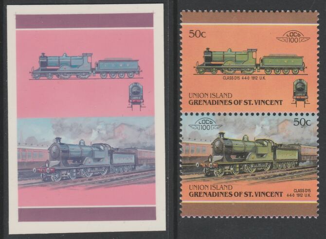 St Vincent - Union Island 1987 Locomotives #6 (Leaders of the World) 50c LSWR Class D15 se-tenant pair die proof in magenta and cyan only (missing Country name, inscription & value) on Cromalin plastic card (ex archives) complete with issued stamp, stamps on , stamps on stamps on railways