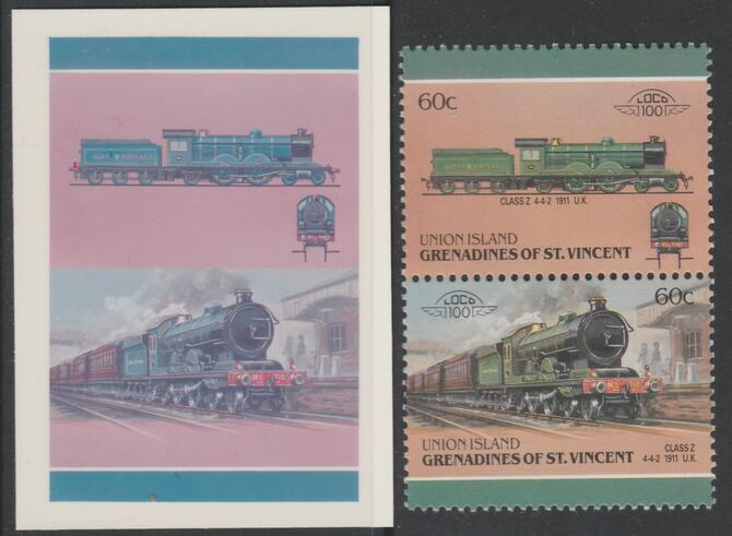 St Vincent - Union Island 1987 Locomotives #6 (Leaders of the World) 60c North Eastern Class Z se-tenant pair  die proof in magenta and cyan only (missing Country name, inscription & value) on Cromalin plastic card (ex archives) complete with issued stamp, stamps on , stamps on  stamps on railways