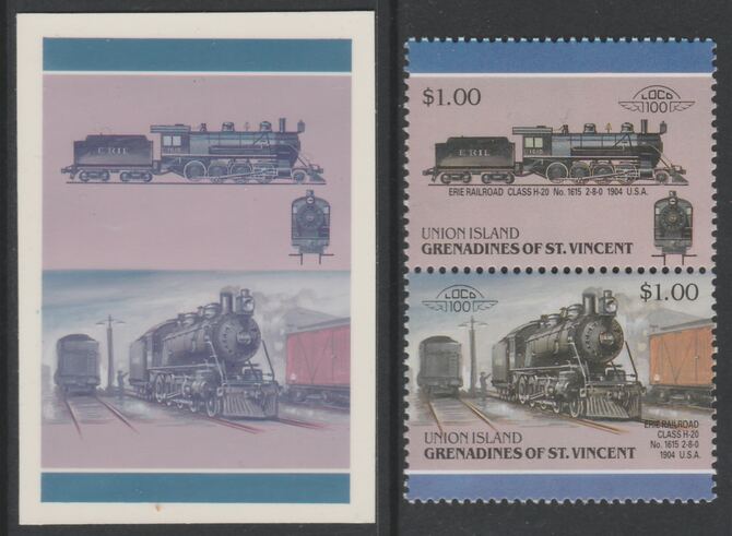 St Vincent - Union Island 1987 Locomotives #6 (Leaders of the World) $1 Erie Railroad Class H20 se-tenant pair  die proof in magenta and cyan only (missing Country name, inscription & value) on Cromalin plastic card (ex archives) complete with issued stamp, stamps on , stamps on  stamps on railways