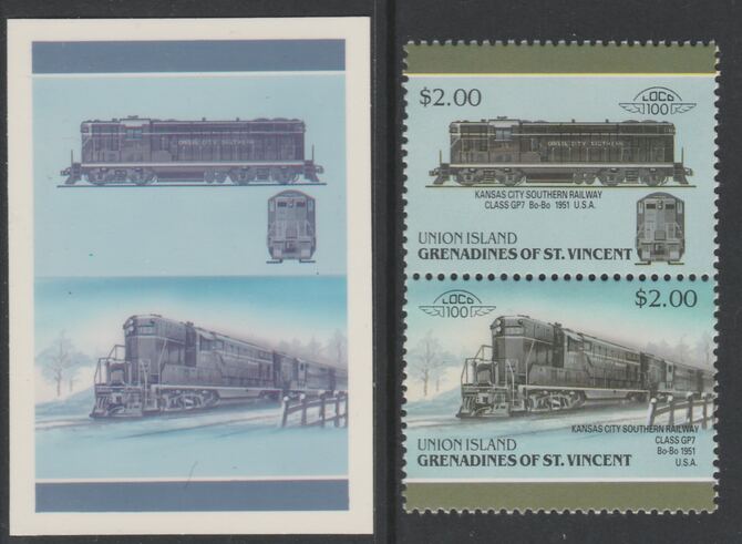 St Vincent - Union Island 1987 Locomotives #6 (Leaders of the World) $2 Kansas City Southern railway Class GP7 se-tenant pair  die proof in magenta and cyan only (missing Country name, inscription & value) on Cromalin plastic card (ex archives) complete with issued stamp, stamps on , stamps on  stamps on railways