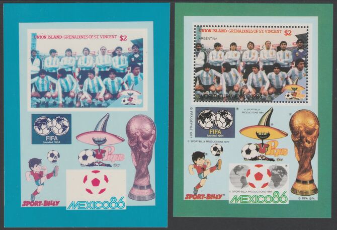 St Vincent - Union Island 1986 World Cup Football - Argentina die proof in magenta & cyan only on Cromalin plastic card (ex archives) complete with issued m/sheet. Cromal..., stamps on football  sport