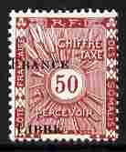 French Somali Coast 1942 Postage Due 50c maroon overprinted France Libre with overprint misplaced, some paper adhesion SG D348, stamps on postage dues