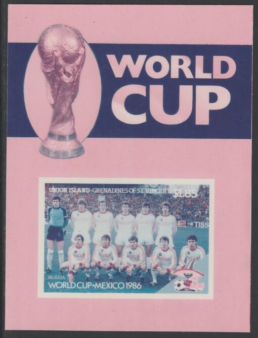 St Vincent - Union Island 1986 World Cup Football - Russia Team die proof in magenta & cyan only on Cromalin plastic card (ex archives). Cromalin proofs are an essential part of the printing proces, produced in very limited numbers and rarely offered on the open market., stamps on , stamps on  stamps on football  sport