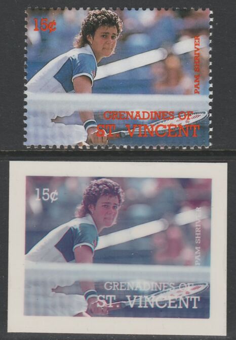 St Vincent - Grenadines 1988 International Tennis Players 15c Pam Shriver die proof in magenta & cyan only on Cromalin plastic card (ex archives) complete with issued sta..., stamps on sport  tennis