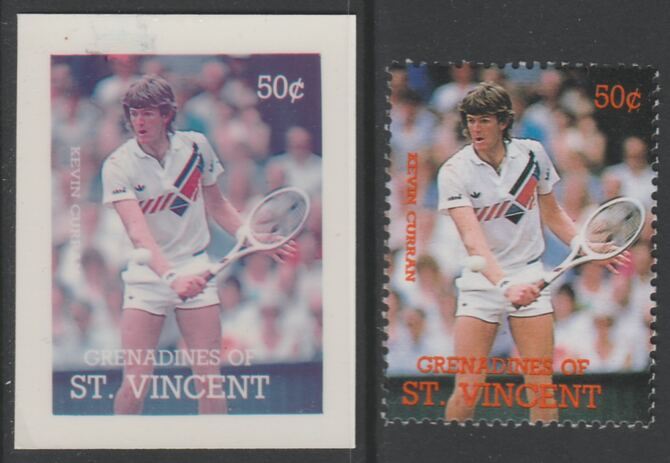 St Vincent - Grenadines 1988 International Tennis Players 50c Kevin Curran die proof in magenta & cyan only on Cromalin plastic card (ex archives) complete with issued stamp (SG 583). Cromalin proofs are an essential part of the printing proces, produced in very limited numbers and rarely offered on the open market., stamps on , stamps on  stamps on sport  tennis